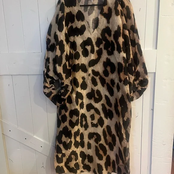 GANNI Beige and Black Animal Print V-Neck Dress - Picture 2 of 7